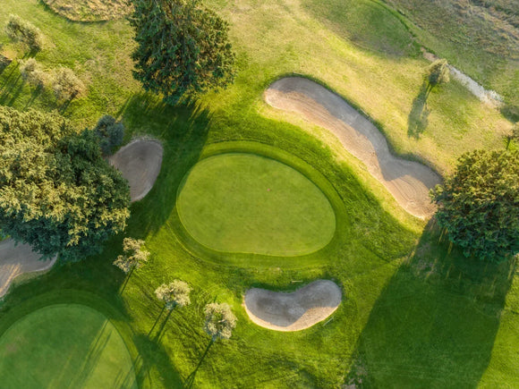 aerial shot of a golf green surrounded by trees and bunkers