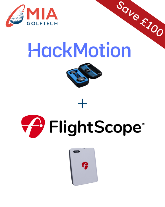 Promotional graphic with MIA GOLF TECH, HackMotion, and FlightScope logos on a white background.