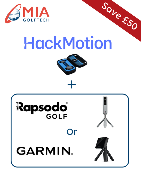 Promotional graphic for Mia Golf tech HackMotion with Rapsodo Golf and Garmin options, featuring a £50 saving offer.