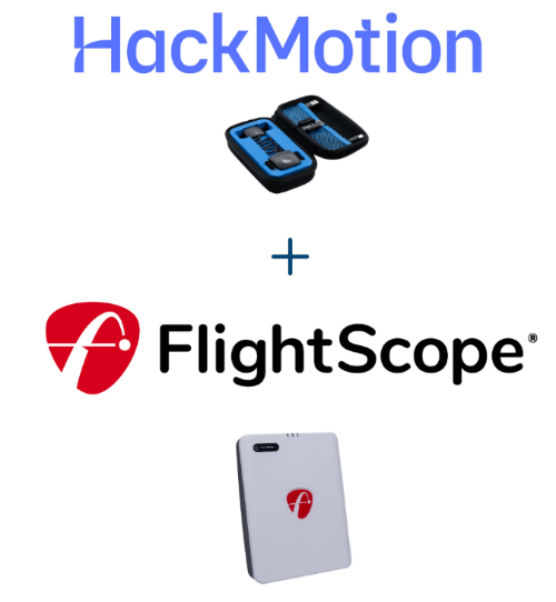 Promotional graphic featuring MIA GolfTech, HackMotion, and FlightScope logos with a discount offer.