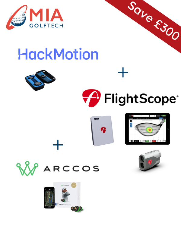 Tour Pro golf technology promo image showing Flightscope launch monitors, hackmotion wrist sensor, flightscope rangefinder and arccos game tracking in one bundle